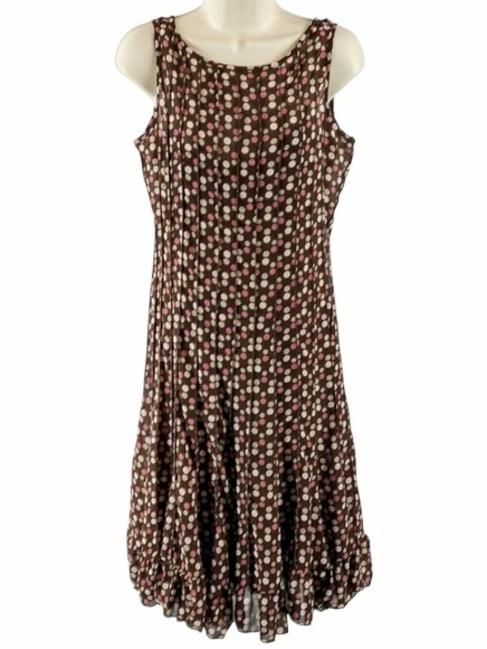 Sandra Darren Chocolate and Pink Polka Dot Midi Dress